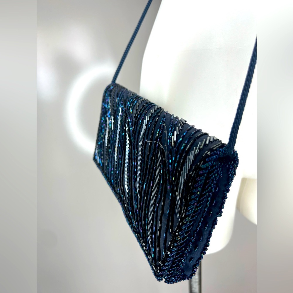 Vintage 1960s Genie Cross Body Beaded Purse Black/Navy Blue/Silver Evening Bag - Picture 2 of 16